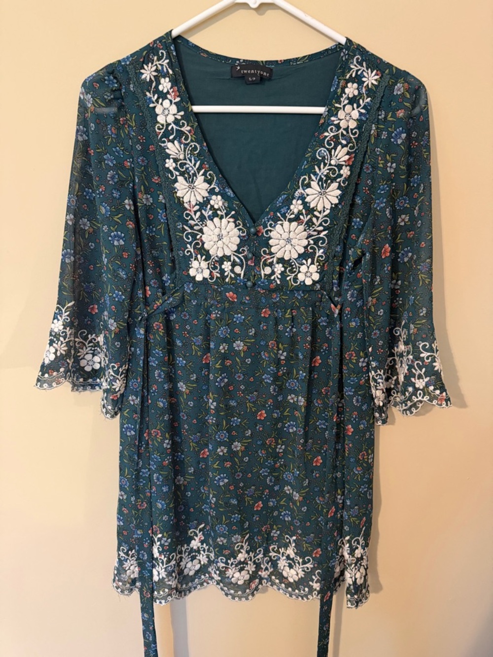 Vintage Forever 21 Boho Floral Embroidered Tunic Dress Y2K 2000s Cottagecore S